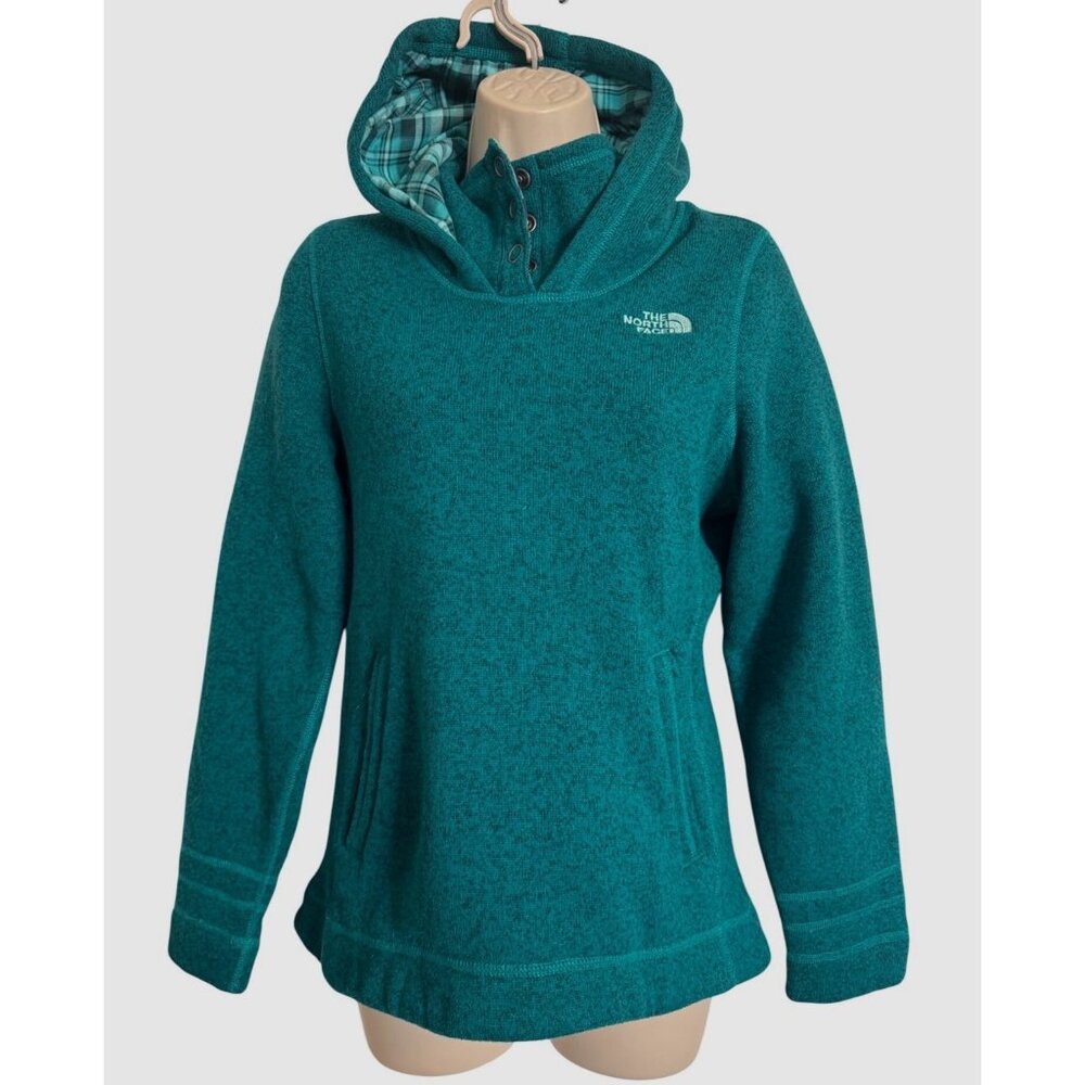 The North Face Crescent Fleece Hoodie Size Medium Pockets Snap High Neck EUC